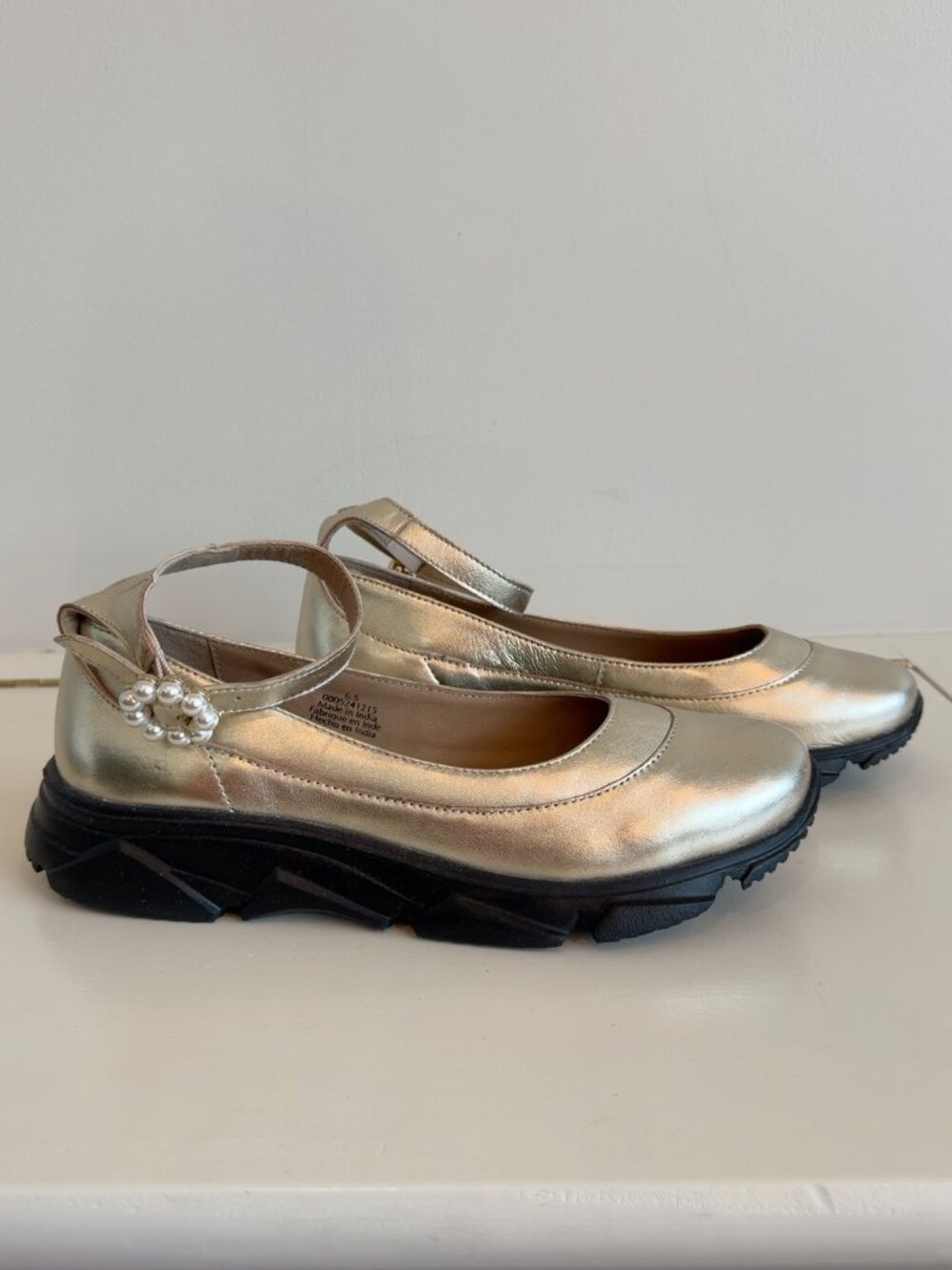 Metallic Gold Mary Jane Platform Flats with Pearl Accent
